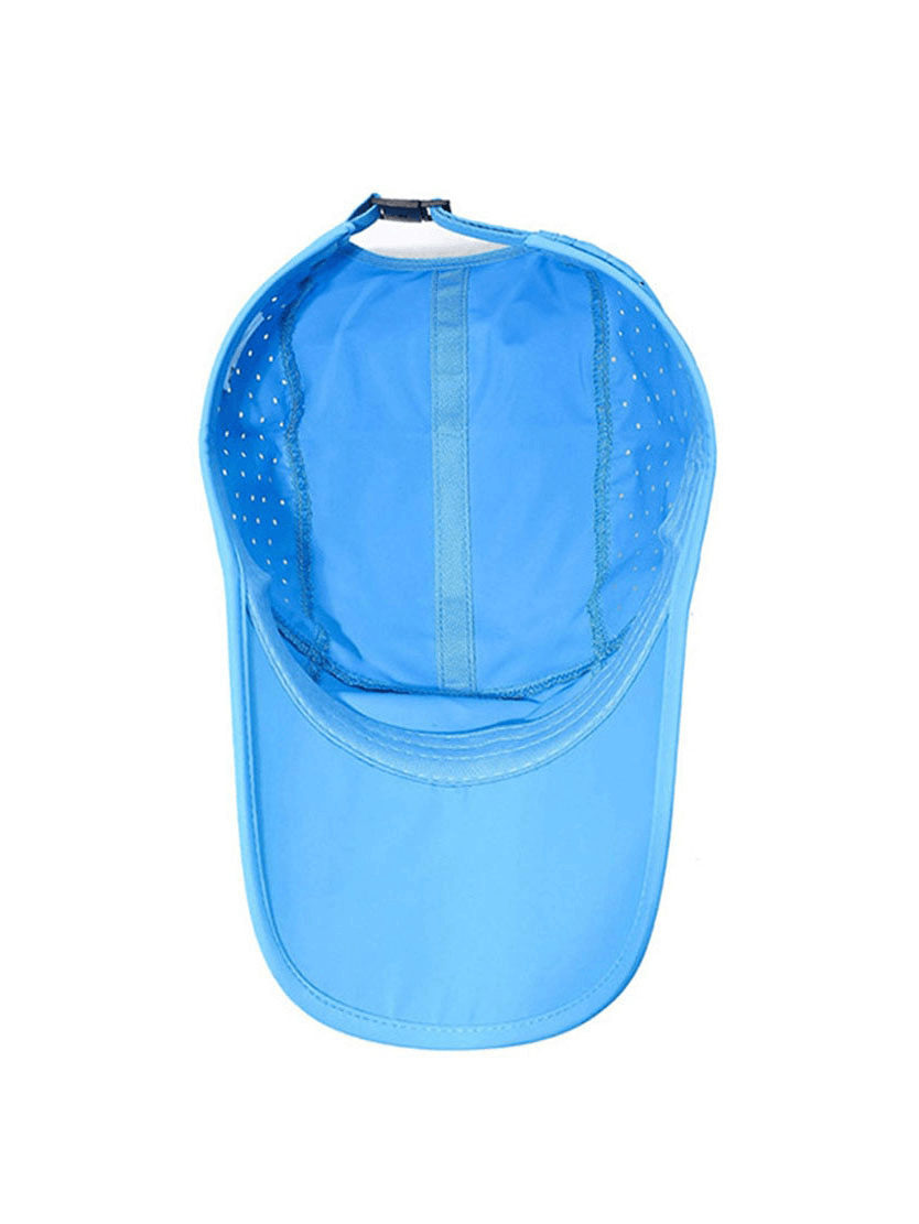 Top view of a blue Outdoor Sports Waterproof Breathable Adjustable Baseball Cap, showcasing its interior and adjustable strap.